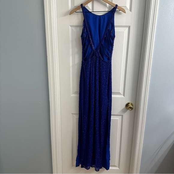 Vintage Prom Dress Formal Long Silk Beaded Open Back Blue Leg Slit Event Small - Picture 6 of 9